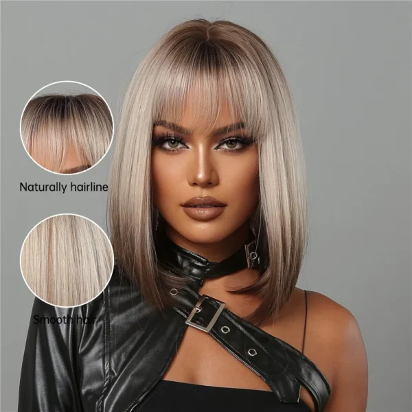 HAOLING Women's Short Straight Synthetic Wig Blonde to Brown Ombre Bob Wig with Bangs Rose Mesh Heat Resistant Synthetic Hair - Image 2