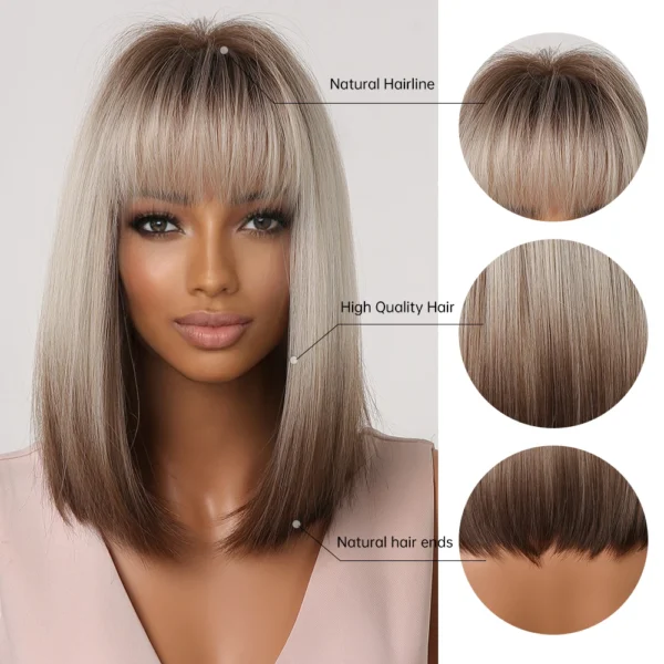 HAOLING Women's Short Straight Synthetic Wig Blonde to Brown Ombre Bob Wig with Bangs Rose Mesh Heat Resistant Synthetic Hair - Image 5