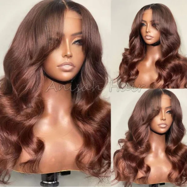 Full Lace Glueless Human Hair Wig Peruvian Raw Virgin Hair Body Wave Swiss Lace Wig Brown Color Lace Front Wigs Human Hair - Image 3