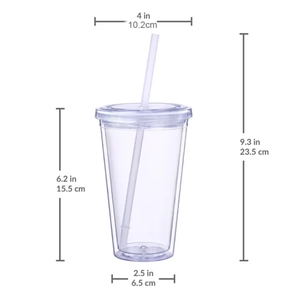 Clear Reusable Tour Ice water bottle Coffee Mug 16oz Double Wall acrylic Plastic Tumblers cup in bulk With Straw And Lid