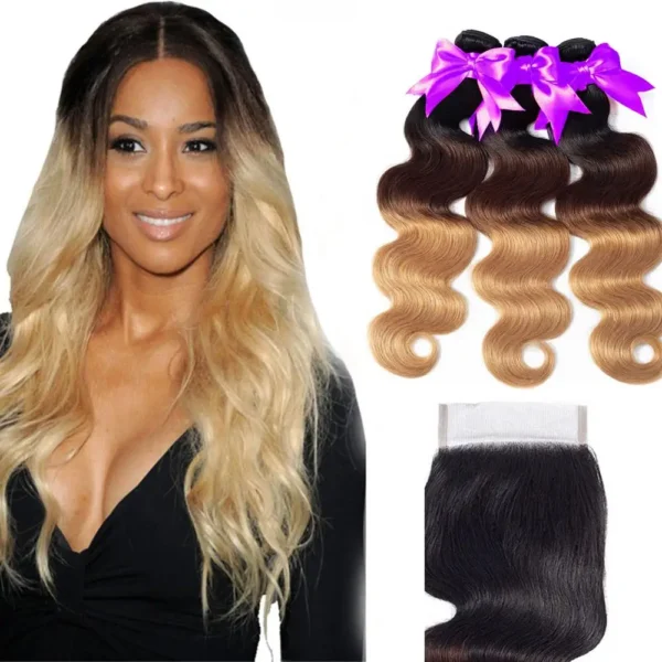 Human Hair Extensions deep curly bundles With Lace Closure 1B/4/27 Ombre body wave european hair brazilian hair bundles