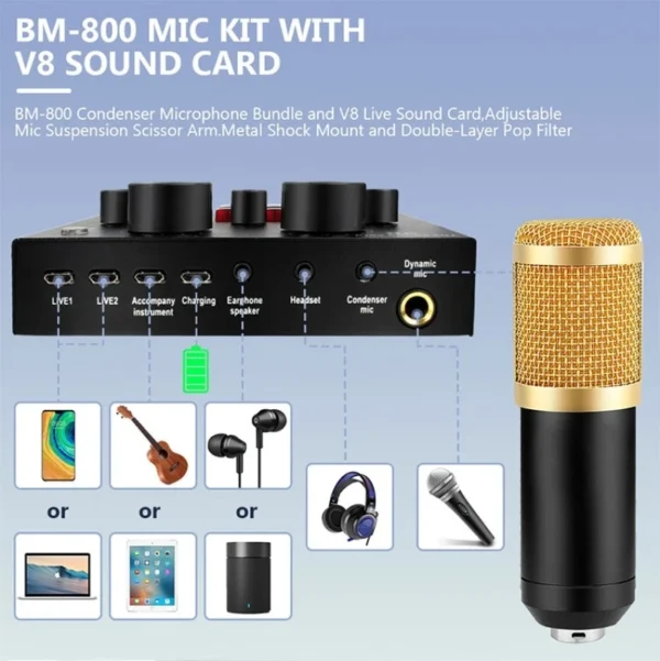 Wholesale V8 Sound Card with BM800 Microphone for Audio Condenser Mic Studio Singing bm800 condenser microphone - Image 2