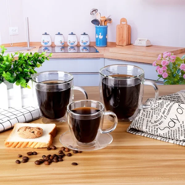 150ml 250ml 350ml 450ml High Borosilicate Double Wall Glass Coffee Cup Mug With Glass Handle - Image 2