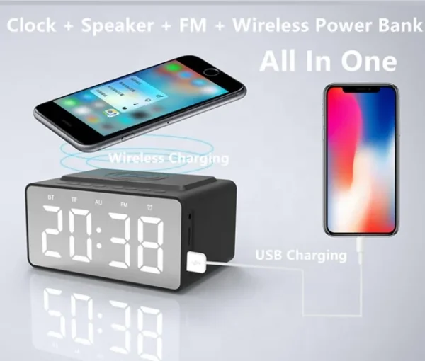 Wireless Charging Alarm Clock FM Radio Bluetooths Speaker with Microphone - Image 4